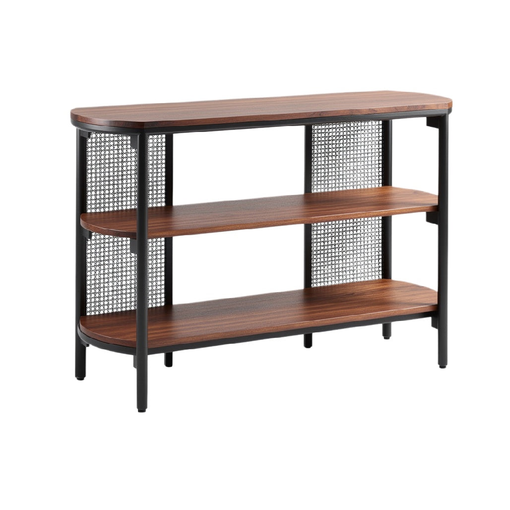 Modern Wooden Console Table with Open Shelving and Metal Frame